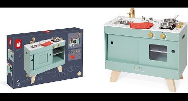 Janod Keuken - Loft - Houten Speelkeuken Met Terrazzo-Werkblad - Inclusief 7 Metalen Accessoires En Ovenwant - Hoogte Van Het Werkblad: 50.3 Cm - Geschikt Vanaf 3 Jaar