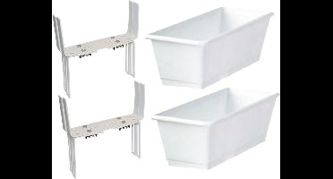 Set van 3 kunststof plantenbakken wit rechthoekig 60 cm met 6 verstelbare balkon/muurbeugels