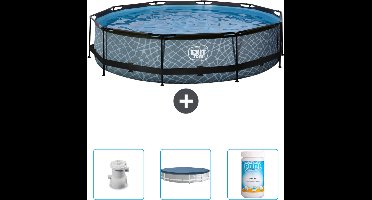 EXIT Rond Stone Frame Zwembad - 360 x 76 cm - Inclusief Pomp - Afdekzeil - Chloor - Nu extra voordelig
