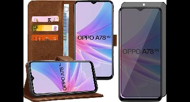 Hoesje geschikt voor Oppo A58 5G / A78 5G - Privacy Screenprotector Volledig Dekkend Glas - Portemonnee Book Case Bruin