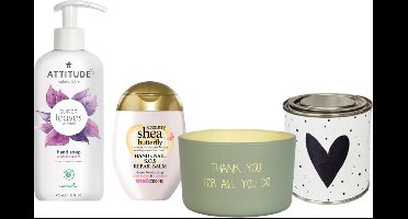 Attitude Cadeauset Bedankt - Attitude Super Leaves Handzeep Witte Thee - Treaclemoon Handcreme Shea Butter - Kaars thank you for all you do - Snoepblikje Hart