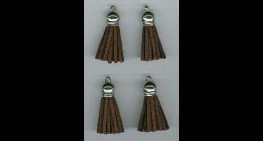 Tassel with cap, faux suede, brown/ silver, 3 cm, 4 pcs