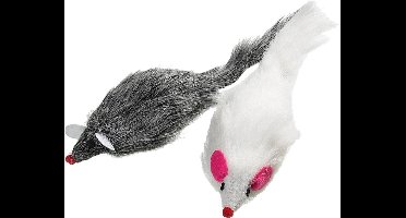 Flamingo Pluche Muis met Stem - Kattenspeelgoed - 12 cm - Grijs;Wit