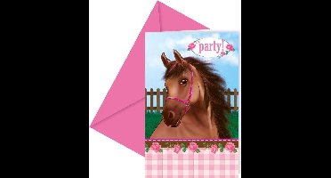 6 uitnodigingskaarten PAARDEN - uitnodiging verjaardagsfeestje - met roze briefomslag