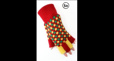 5x Paar Vingerloze handschoen rood/geel/groen geblokt