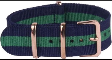 Premium Navy Blue Green - Nato Strap - Horlogeband Navy Blauw Groen 22mm Rose Gouden Gesp