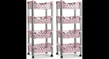 Plasticforte trolley - 2x - keukentrolley op wieltjes - 4-laags - roze - kunststof - 40 x 88 cm - opbergtrolley