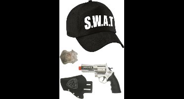 Politie/SWAT team verkleed cap/pet blauw met pistool/holster/badge voor kinderen