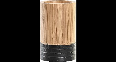 Items Tandenborstelhouder - drinkbeker - hout - beige/zwart - 7 x 11 cm - badkamer accessoires