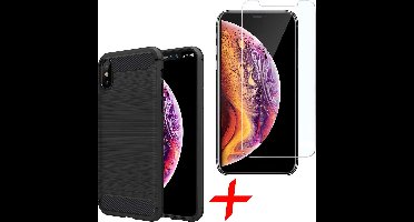 Geborsteld Hoesje geschikt voor Apple iPhone Xs Max - TPU Gel Siliconen Case Zwart + Tempered Glass Screenprotector Transparant iCall