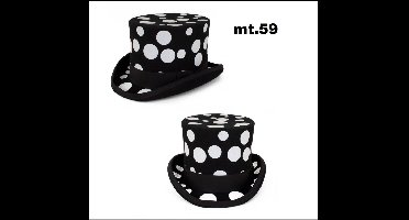 Hoge hoed wolvilt zwart met witte bollen maat 59 - carnaval zwart wit optocht thema feest black and white