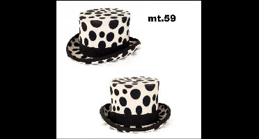 Hoge hoed wolvilt wit met zwarte bollen maat 59 - carnaval zwart wit optocht thema feest black and white