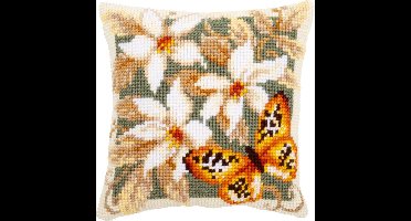 Vervaco - Kruissteekkussen kit - Witte bloemen en vlinder - PN-0148254 - Borduren - Borduurpakket - Borduurpakket volwassenen - Borduurpakket kind