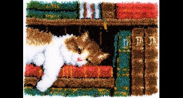 Vervaco - Knooptapijt kit - Slapende kat in boekenrek - PN-0149896 - Borduren - Borduurpakket - Borduurpakket volwassenen - Borduurpakket kind