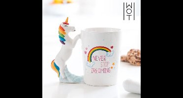 Unicorn Mok – Keramiek – 11 x 9 cm – Never Stop Dreaming – Regenboog – Cadeau
