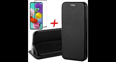 Hoesje geschikt voor Samsung Galaxy A51 - Screen Protector FullGuard - Book Case Kunstleer ThinShield Zwart & Screenprotector