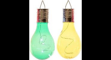 2x Buiten/tuin LED groen/geel peertjes solar verlichting 14 cm - Tuinverlichting - Tuinlampen - Solarlampen op zonne-energie