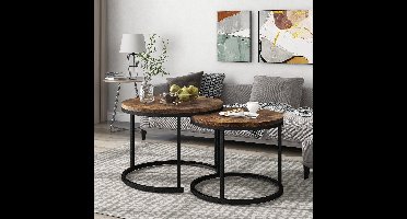 Moderne salontafel set van 2 voor woonkamer balkon kantoor-walnoot ronde houten accent salontafels met stevige metalen frame-eenvoudige montage-bruin