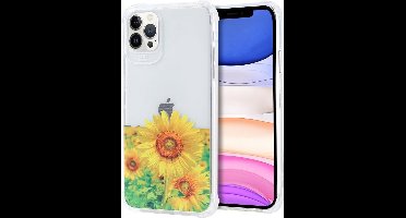 Siliconen Hoesje met bloemenprint Geschikt voor iPhone 12/12 Pro Bloemenveld met Zonnebloemen Transparant
