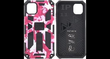 Hoesje Geschikt voor iPhone 11 Hoesje - Rugged Extreme Backcover Camouflage met Kickstand - Pink