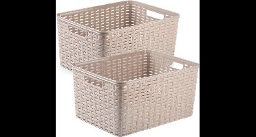 2x stuks rotan gevlochten opbergmand/opbergbox kunststof - taupe - 38 x 28 x 19 cm - Kast mandjes