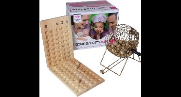 Bingo-Lotto Set Compleet – 90 Ballen, Houten Controlebord & Bingokaarten – Bingomolen Metalen – Korf Ø 18 cm – Spel voor 3+ Spelers – Longfield Games