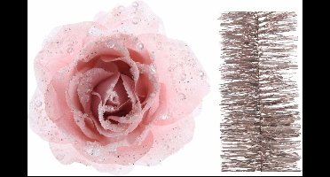 Kerstversiering kunststof glitter bloemen op clip 14 cm en folieslingers pakket lichtroze van 5x stuks - Kerstboomversiering