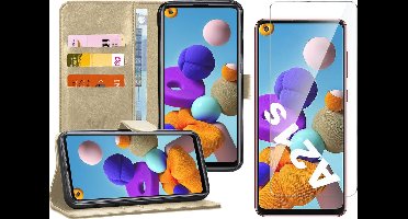 Hoesje geschikt voor Samsung Galaxy A21s - Screen Protector GlassGuard - Book Case Kunstleer Pasjeshouder Goud & Screenprotector