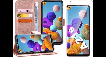 Hoesje geschikt voor Samsung Galaxy A21s - Screen Protector GlassGuard - Book Case Kunstleer Pasjeshouder Rosegoud & Screenprotector