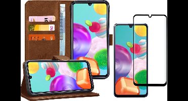 Hoesje geschikt voor Samsung Galaxy A41 - Screen Protector FullGuard - Book Case Kunstleer Pasjeshouder Bruin & Screenprotector