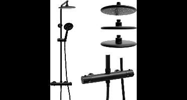 Doucheset - Regendouche 20cm - met Thermostaatkraan - Zwart - Messing & RVS - Inclusief Handdouche