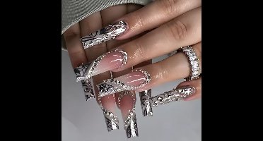 Nep nagels - Plak nagels - 24 stuks - Cofin shape - Beige zilver barok - Kunstnagels - Press on nails - Almond shape nails - Lange nagels - Fake nails