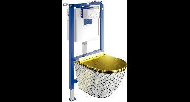 Villeroy&Boch Inbouwreservoir Complete Toiletset ViConnect H112 - Inbouw WC Hangtoilet Wandcloset SOFI SLIM CHECKED GOLD - Bedieningsplaat Wit - Voorwandelement voor toilet - Installatiesysteem