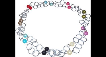 Ketting zilveren schakels met parels diverse kleuren