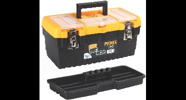 Perel Gereedschapskoffer, polypropyleen, met verwijderbare inlegbak, 3 organizers in het deksel, inklapbaar handvat en metalen sluitingen, zwart/geel, 413 x 212 x 186 mm