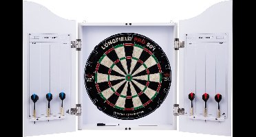 Longfield Darts Houten cabinet met Dartbord, 6 Steeltip pijlen, Whiteboard + marker - Kleur Wit - Hout Fineer - Met Wedstrijdbord - Dartset - Direct klaar voor gebruik - Beschermt muur en Dartbord