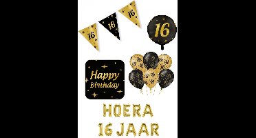 16 jaar Classy Party decoration pakket – luxe glamour goud zwart ballonnen – folieballonnen – vlaggenlijn