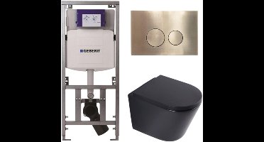 QeramiQ Dely Toiletset - 36.3x51.7cm - diepspoel - rimless - Geberit UP320 inbouwreservoir - softclose toilet zitting 35 mm - geborsteld messing bedieningsplaat - ronde knoppen - mat zwart