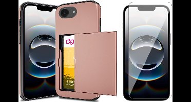 Hoesje met Pasjeshouder geschikt voor iPhone 16e - Screen Protector GlassGuard - Back Cover SlideCase Roségoud & Screenprotector