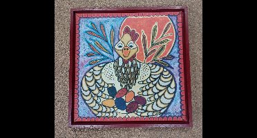 Gyclee op doek met rode baklijst Marlies van Wezel - kip met eieren 41 x 41 doekmaat