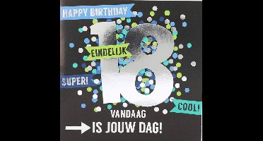 Depesche - Cijferkaart met muziek, vierkant met de tekst "18 - Happy Birthday - Eindelijk - Super! - Cool!" - mot. 030