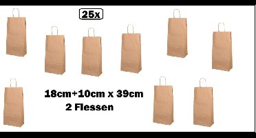 25x BIO Nature Kraft Wijntas 18+10x39cm voor 2x Fles - Wijn kerst kado feest fles drank