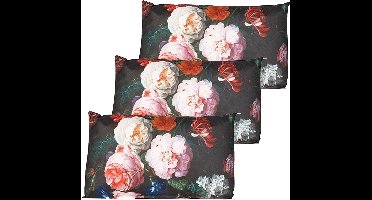 Anna's collection buitenkussen bloem - 3x - Zwart/roze - 30 x 50 cm - Water en UV bestendig