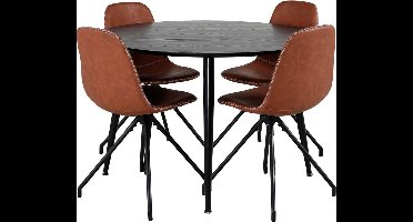 DippØ115BLBL eethoek eetkamertafel zwart en 4 Polar eetkamerstal PU kunstleer bruin.