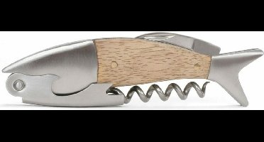 Kikkerland Kurkentrekker - Roestvrij staal en licht hout - Foliesnijder - Flesopener - In de vorm van een vis