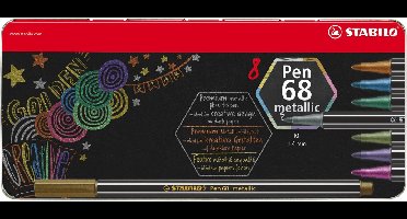 STABILO Pen 68 Metallic - Premium Metallic Viltstift - Metalen Etui Met 8 Kleuren