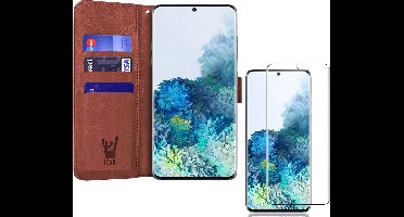 Hoesje geschikt voor Samsung Galaxy S20 Plus - Screen Protector GlassGuard - Book Case Kunstleer Pasjeshouder Bruin & Screenprotector