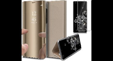 Hoesje geschikt voor Samsung Galaxy S20 Ultra - Screen Protector GlassGuard - Book Case Spiegel Goud & Screenprotector