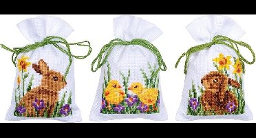 Vervaco - Kruidenzakje kit - Pasen - Konijnen met kuikentjes set van 3 - PN-0187096 - Borduren - Borduurpakket - Borduurpakket volwassenen - Borduurpakket kind
