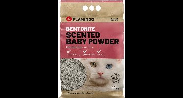 Flamingo Kattenbakvulling Bentoniet met Babypoeder – Grove Korrels, Klonterend, 12 KG voor 10 Weken, Super Absorberend, Stofarm, Heerlijke Babypoedergeur – Uit Europa